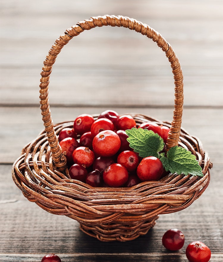 Wicker basket full of fresh cranberries
