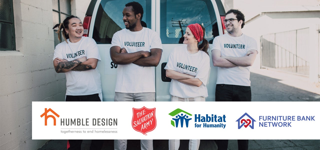 Volunteers standing by a mattress collection van, logos for Humble Design, Salvation Army, Habitat for Humanity and Furniture Bank Network