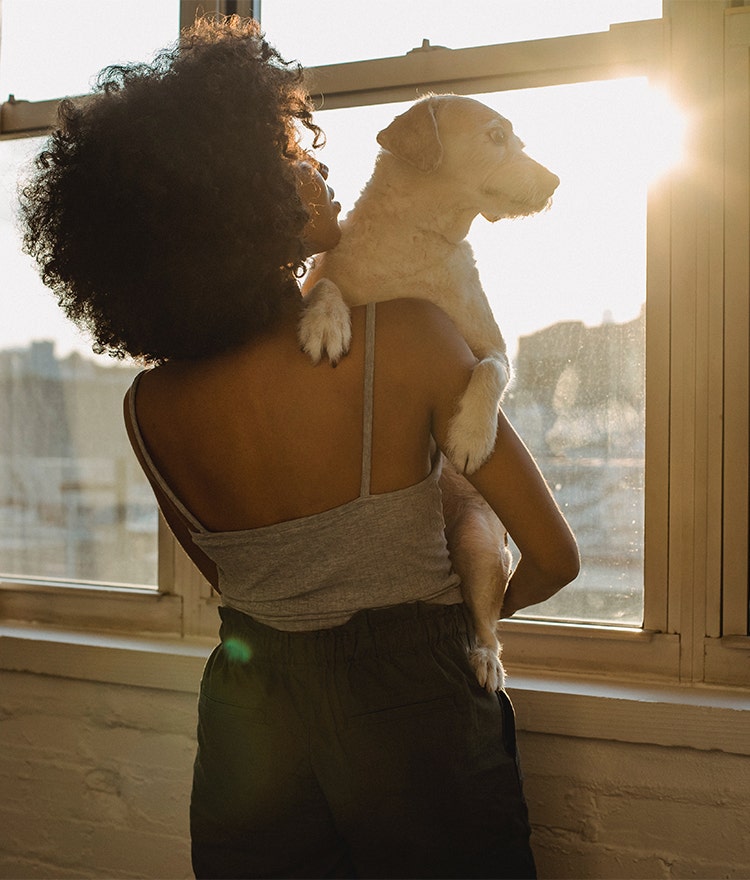 Woman holding her dog and looking out the window at the bright sunshine