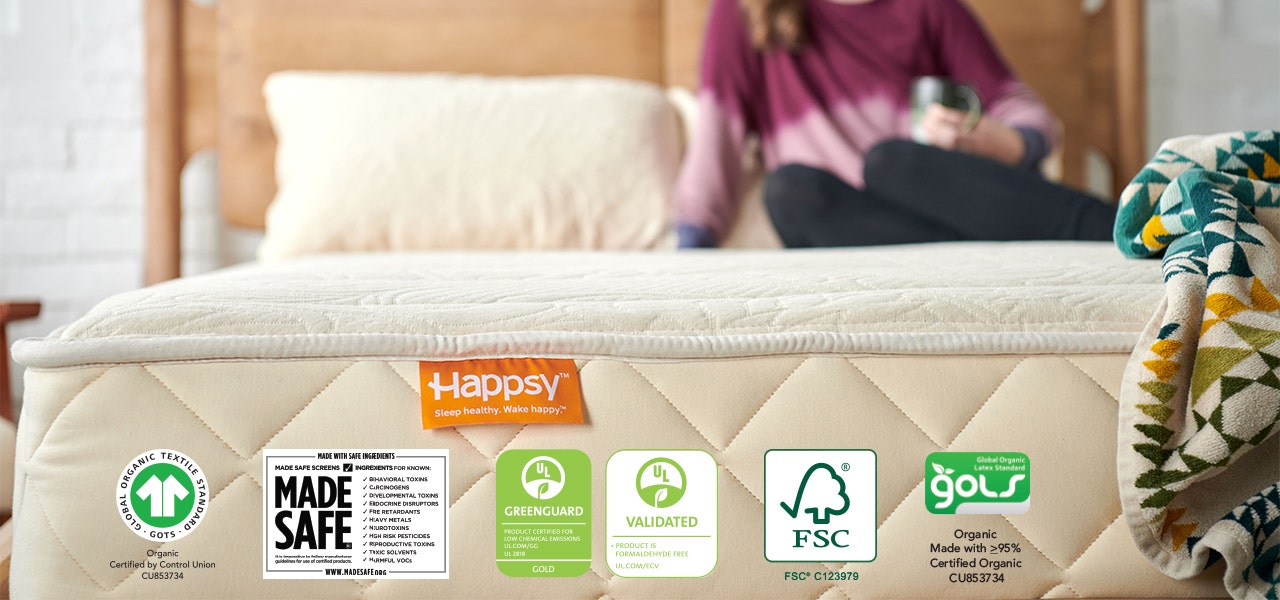 Happsy certified organic mattress with logos for GOTS, MADE SAFE, GREENGUARD Gold, UL Formaldehyde Free, FSC and GOLS