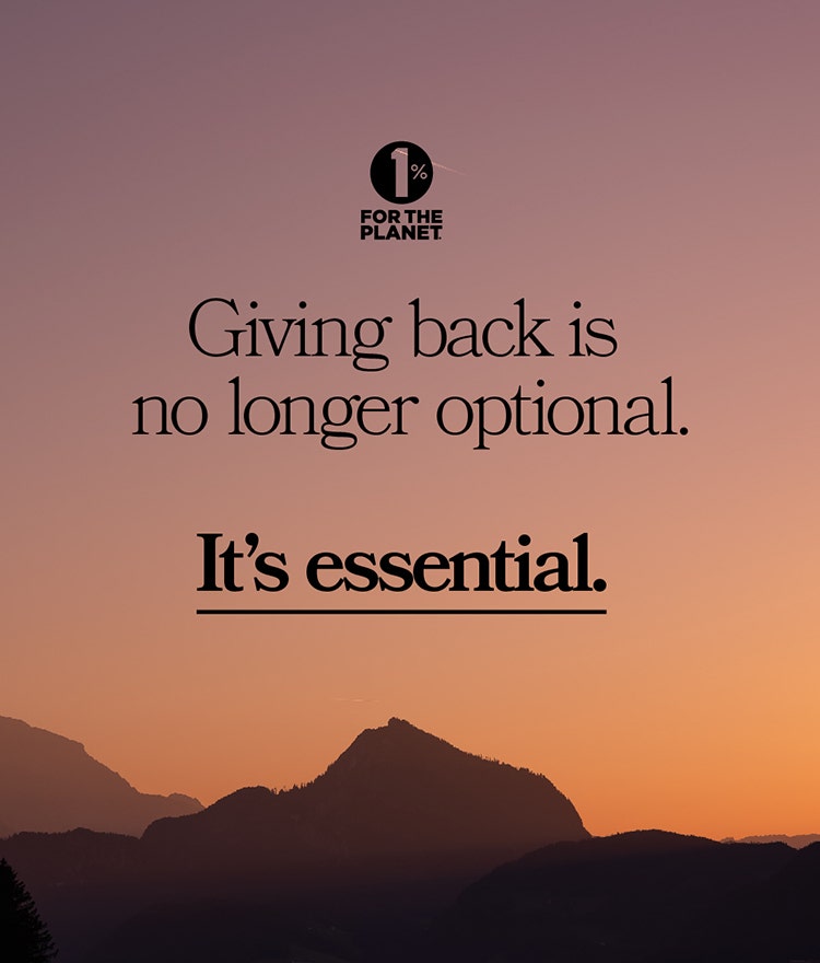 Text "Giving back is no longer optional. It's essential." diplayed with the 1% for the Planet logo overtop of a sunset