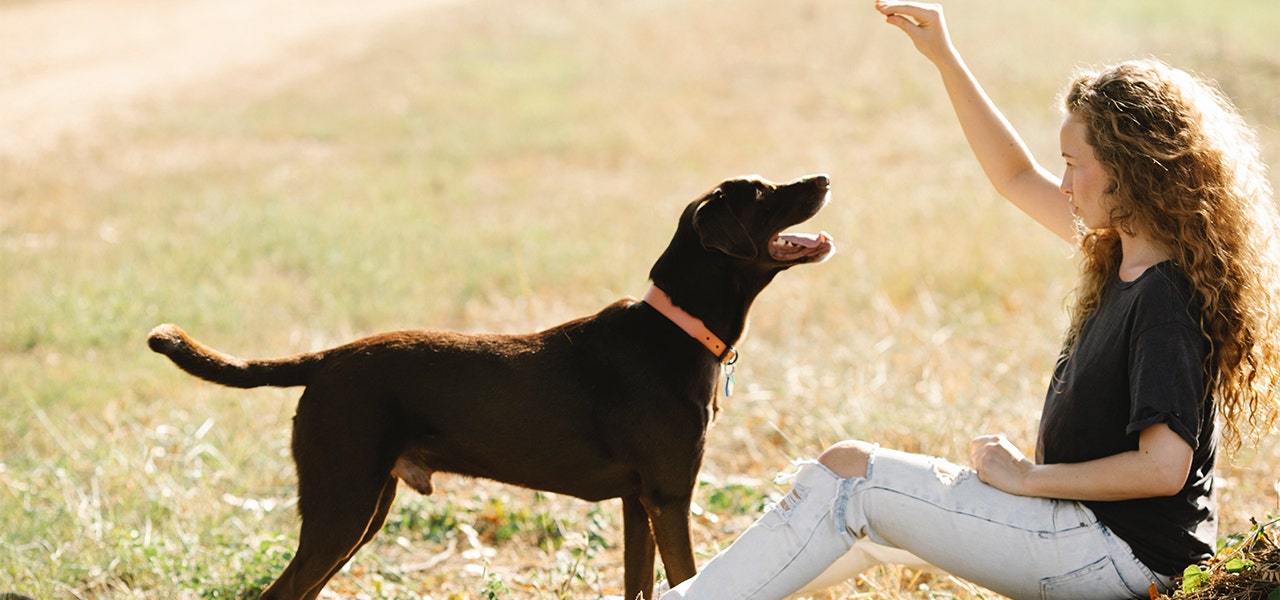 Woman spending time with her dog outdoors as self care